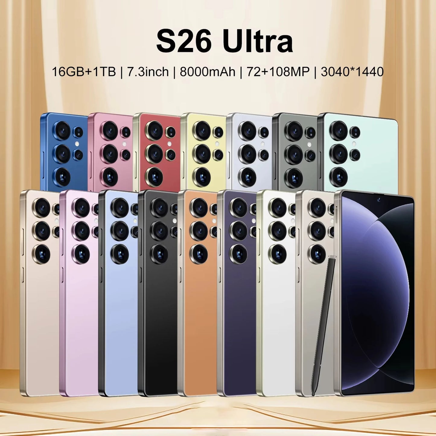 Original S26 Ultra SmartPhone 5G 7.3HD Screen 16G+1TB 8000Mah 72MP Android14 Dual Sim Face Unlock LTE/CDMA Cellular Mobile