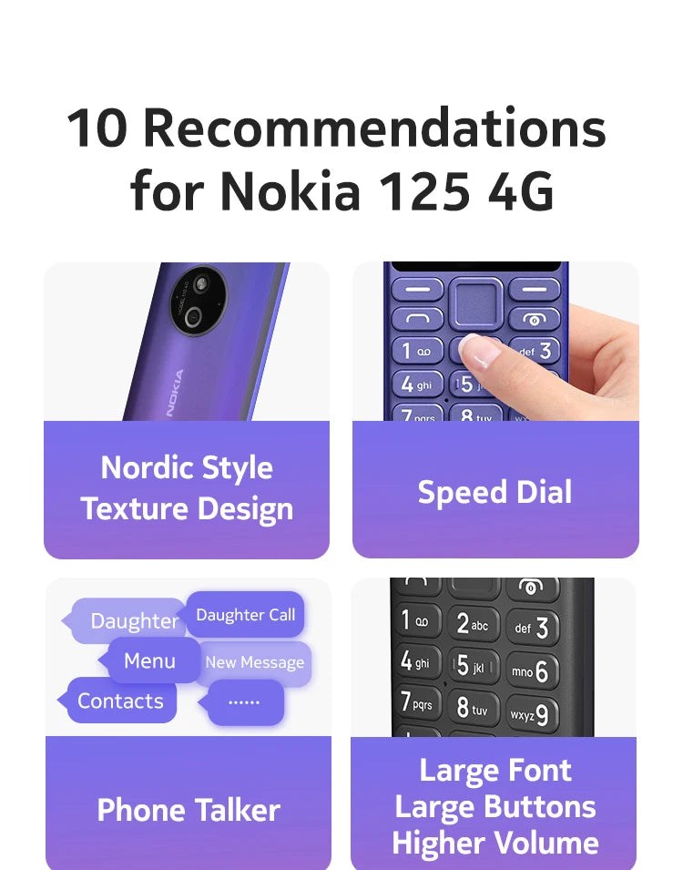New and Original Nokia 125 4G Feature Phone Dual SIM 1450mAh Bettery Bluetooth 5.0 FM Radio Mobile Phone Hebrew Keyboard
