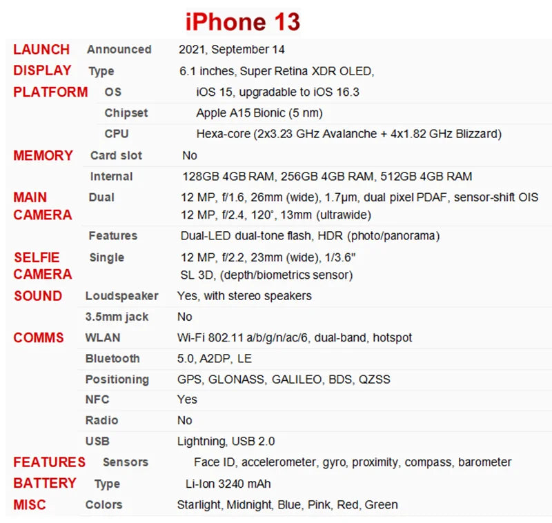 Origina iPhone 13 128GB 256GB 512GB ROM Unlocked 5G iPhone13 6.1' Super Retina XDR OLED 12MP Face ID NFC Mobile Phone