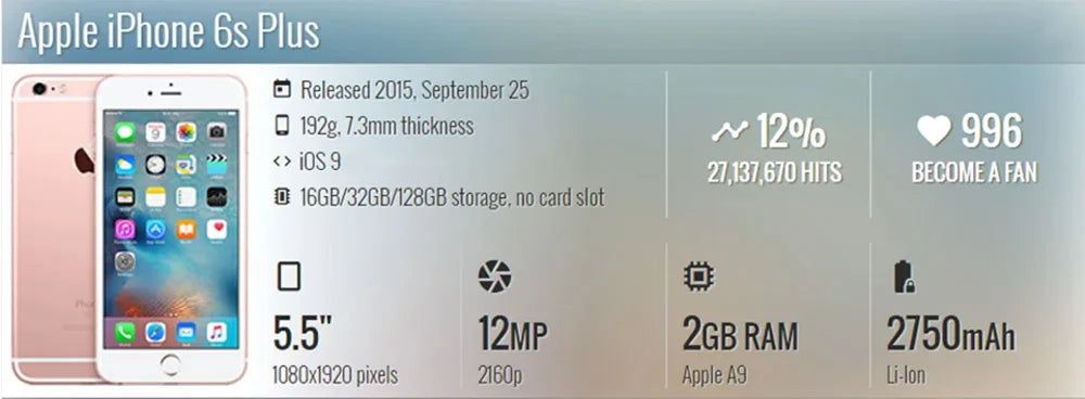 Original Apple iPhone 6S Plus 4G LTE Mobile Cell Phone 5.5" 2GB RAM 16/64/128GB ROM IOS Dual Core 12MP CellPhone