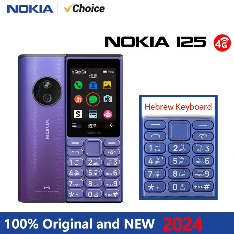 New and Original Nokia 125 4G Feature Phone Dual SIM 1450mAh Bettery Bluetooth 5.0 FM Radio Mobile Phone Hebrew Keyboard