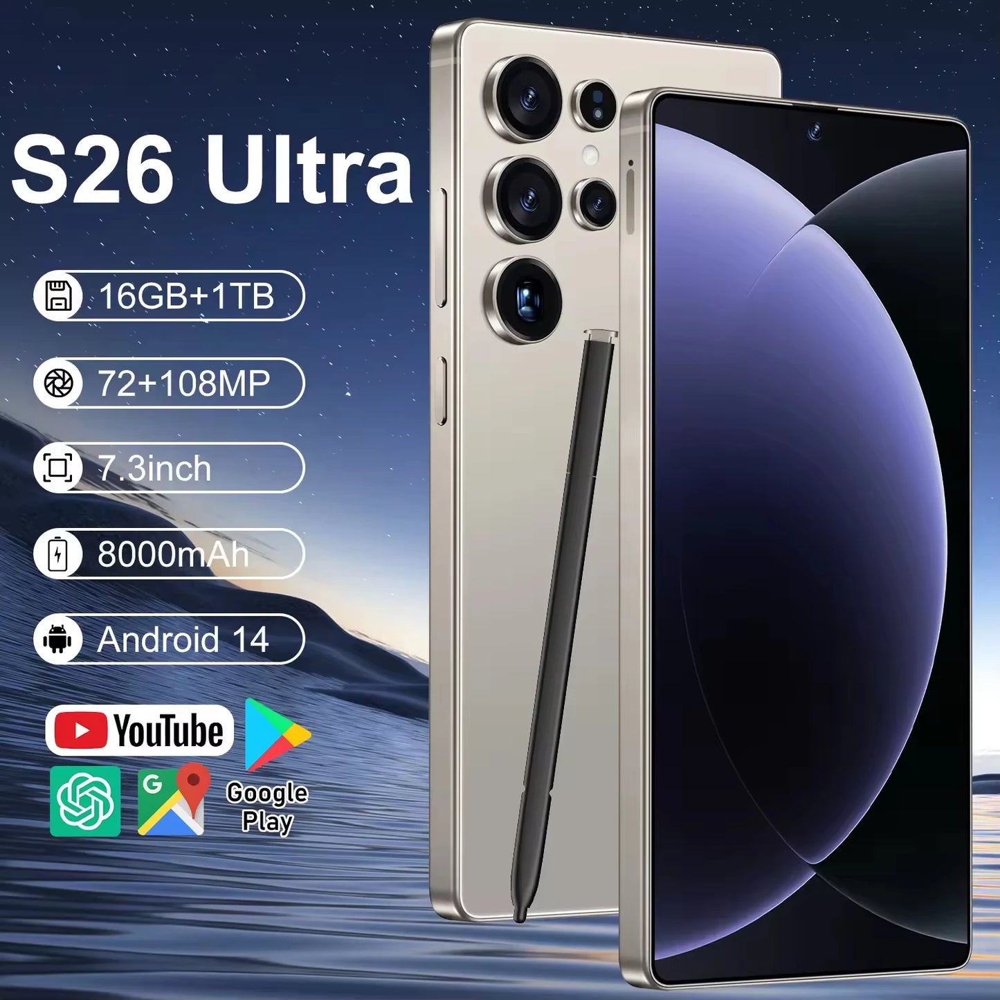 Original S26 Ultra SmartPhone 5G 7.3HD Screen 16G+1TB 8000Mah 72MP Android14 Dual Sim Face Unlock LTE/CDMA Cellular Mobile
