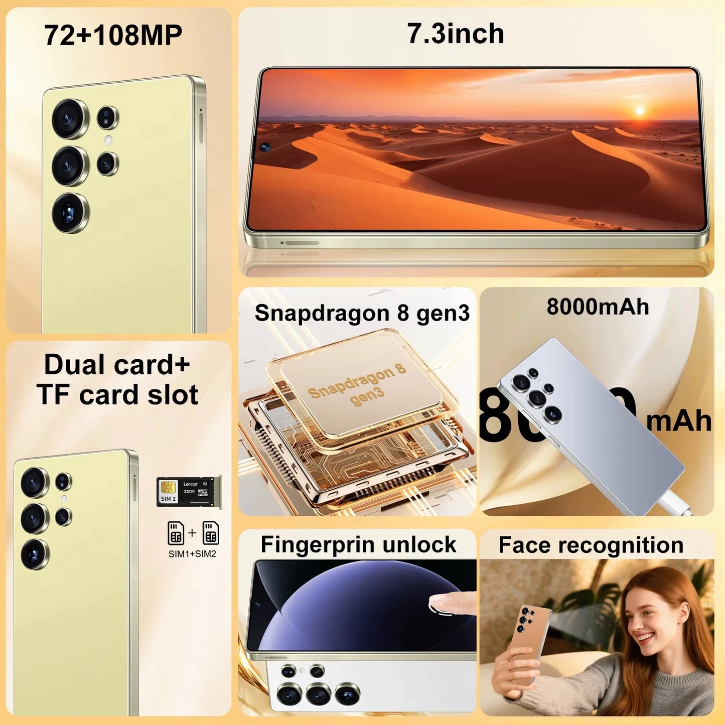 Original S26 Ultra SmartPhone 5G 7.3HD Screen 16G+1TB 8000Mah 72MP Android14 Dual Sim Face Unlock LTE/CDMA Cellular Mobile