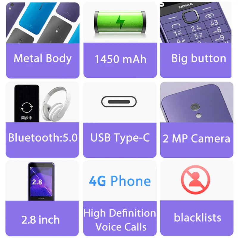 Nokia 235 4G Feature Phone Bluetooth 5.0 FM Radio Dual SIM 1450mAh Bettery Type-C Port Mobile Phone New And Original